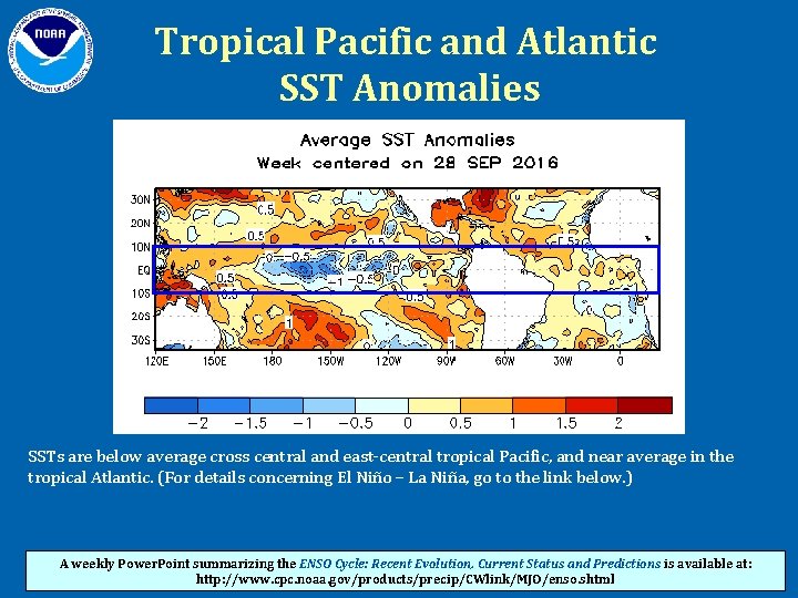 Tropical Pacific and Atlantic SST Anomalies SSTs are below average cross central and east-central