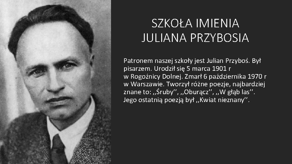 SZKOŁA IMIENIA JULIANA PRZYBOSIA Patronem naszej szkoły jest Julian Przyboś. Był pisarzem. Urodził się