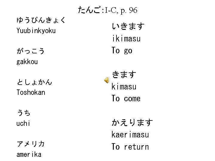 たんご：I-C, p. 96 ゆうびんきょく Yuubinkyoku がっこう gakkou としょかん Toshokan うち uchi アメリカ amerika いきます