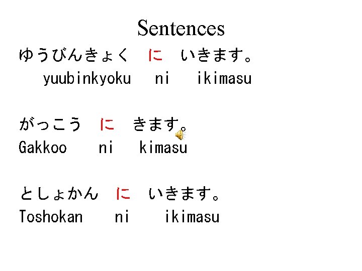 Sentences ゆうびんきょく yuubinkyoku がっこう Gakkoo としょかん Toshokan に ni に いきます。 ni ikimasu きます。