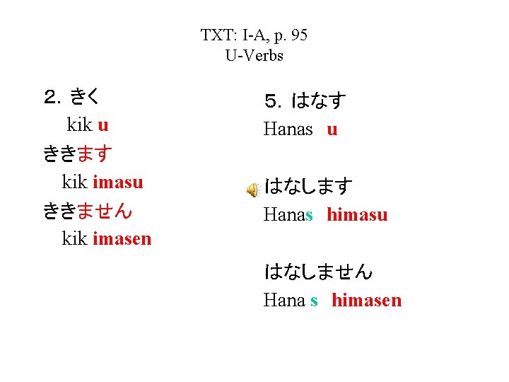 TXT: I-A, p. 95 U-Verbs ２．きく kik u ききます kik imasu ききません kik imasen