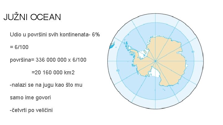 JUŽNI OCEAN Udio u površini svih kontinenata- 6% = 6/100 površina= 336 000 x