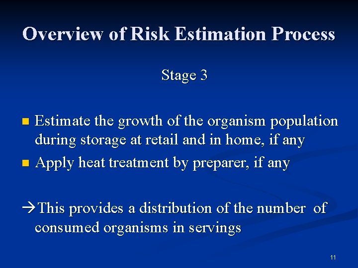 Overview of Risk Estimation Process Stage 3 Estimate the growth of the organism population