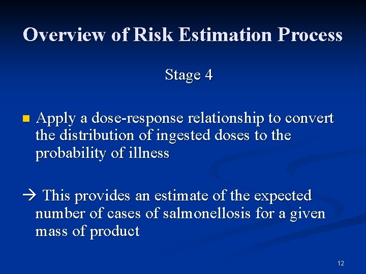Overview of Risk Estimation Process Stage 4 n Apply a dose-response relationship to convert