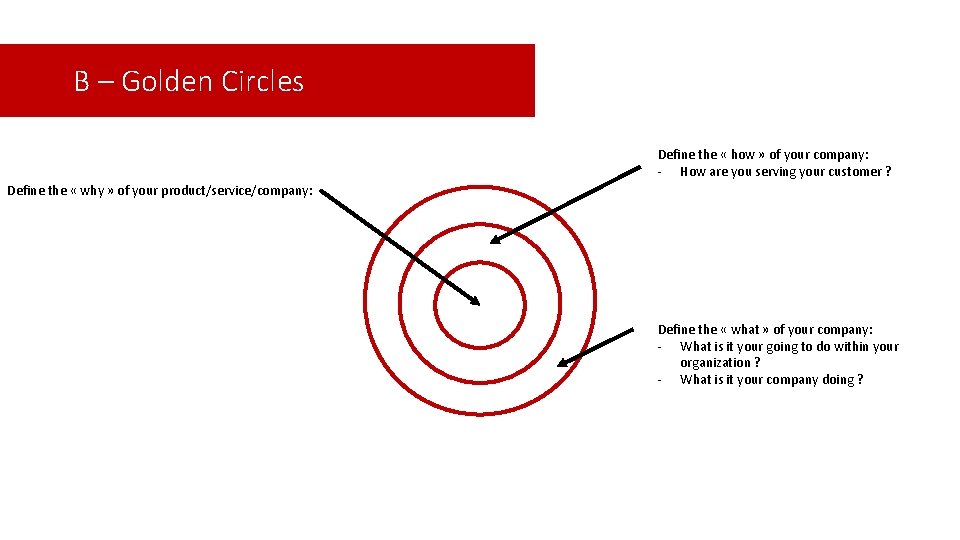 B – Golden Circles Define the « how » of your company: - How