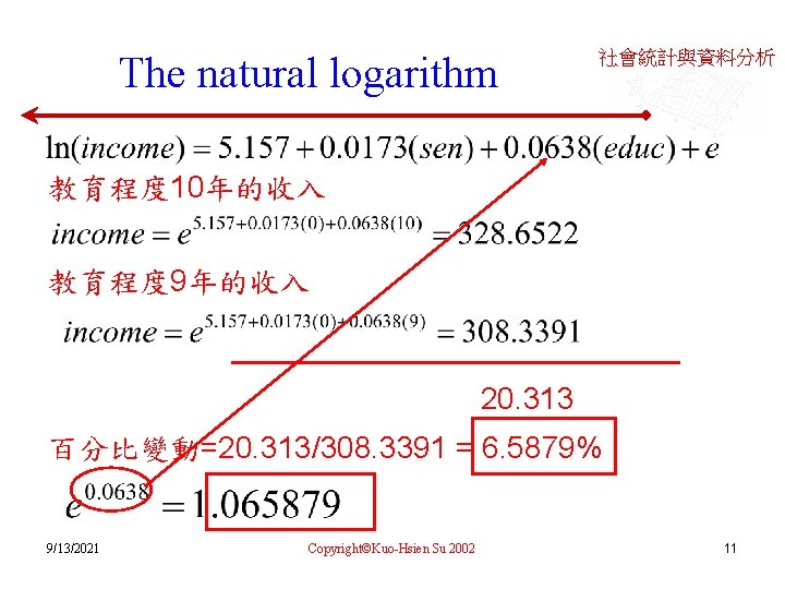 The natural logarithm 社會統計與資料分析 教育程度 10年的收入 教育程度 9年的收入 20. 313 百分比變動=20. 313/308. 3391 =