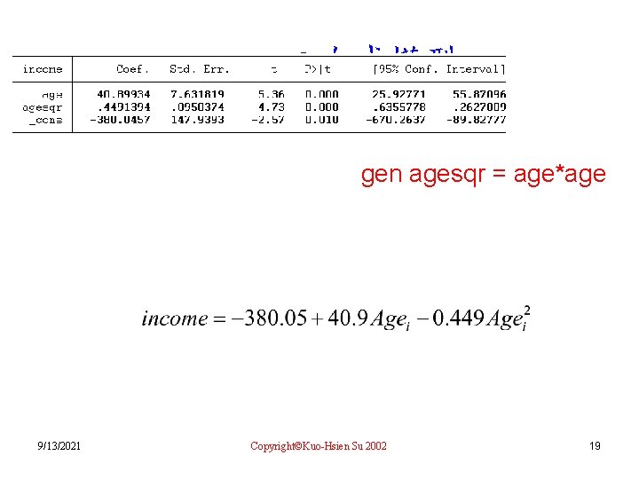 二次式模型 gen agesqr = age*age 9/13/2021 Copyright©Kuo-Hsien Su 2002 19 