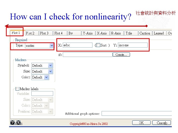 How can I check for nonlinearity? 9/13/2021 Copyright©Kuo-Hsien Su 2002 社會統計與資料分析 22 