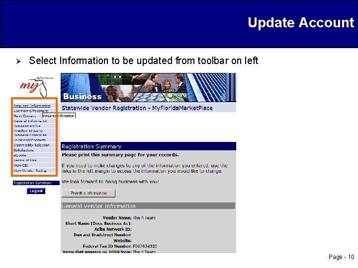 Update Account Ø Select Information to be updated from toolbar on left Page -