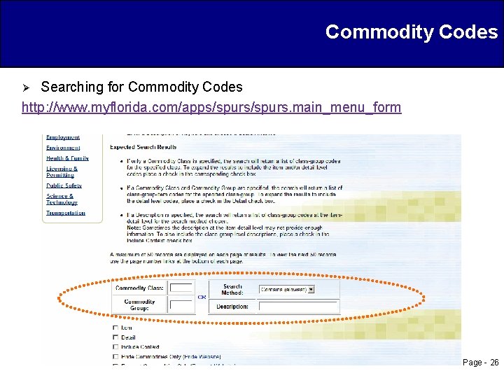 Commodity Codes Searching for Commodity Codes http: //www. myflorida. com/apps/spurs. main_menu_form Ø Page -