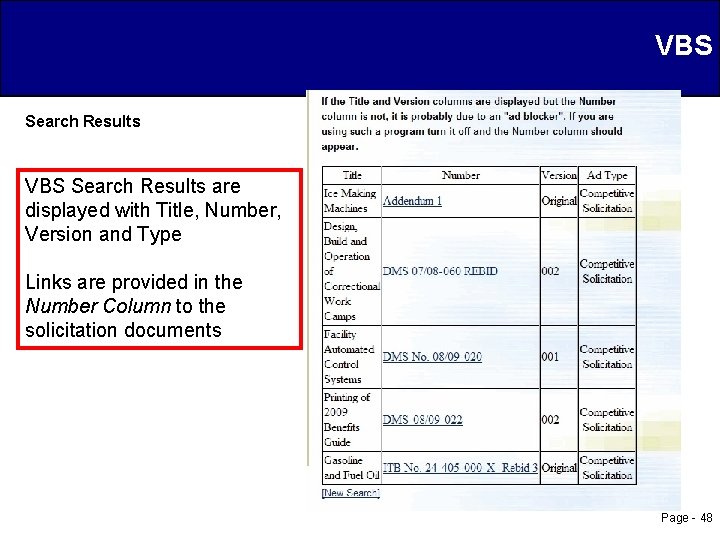 VBS Search Results are displayed with Title, Number, Version and Type Links are provided