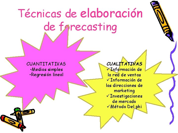 Técnicas de elaboración de forecasting CUANTITATIVAS • Medias simples • Regresión lineal CUALITATIVAS üInformación