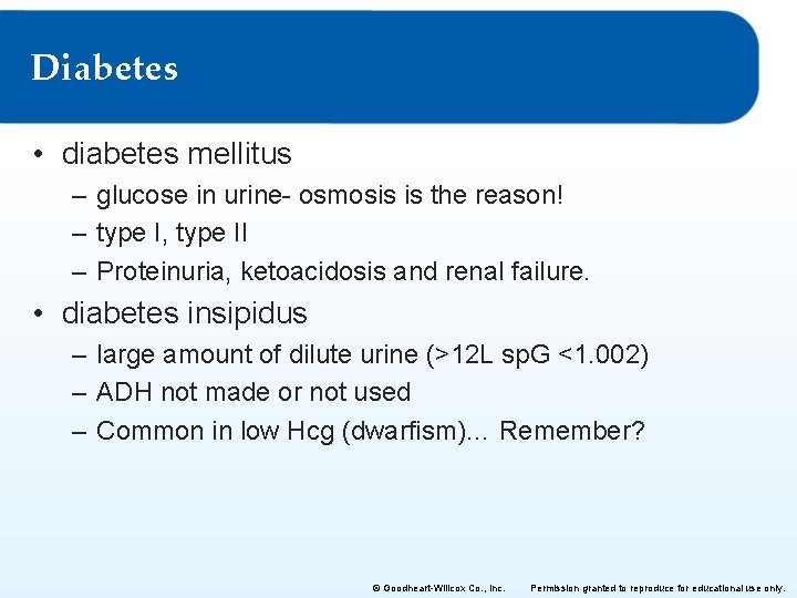 Diabetes • diabetes mellitus – glucose in urine- osmosis is the reason! – type