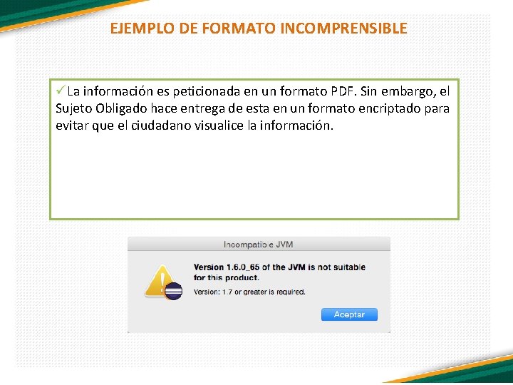 EJEMPLO DE FORMATO INCOMPRENSIBLE üLa información es peticionada en un formato PDF. Sin embargo,