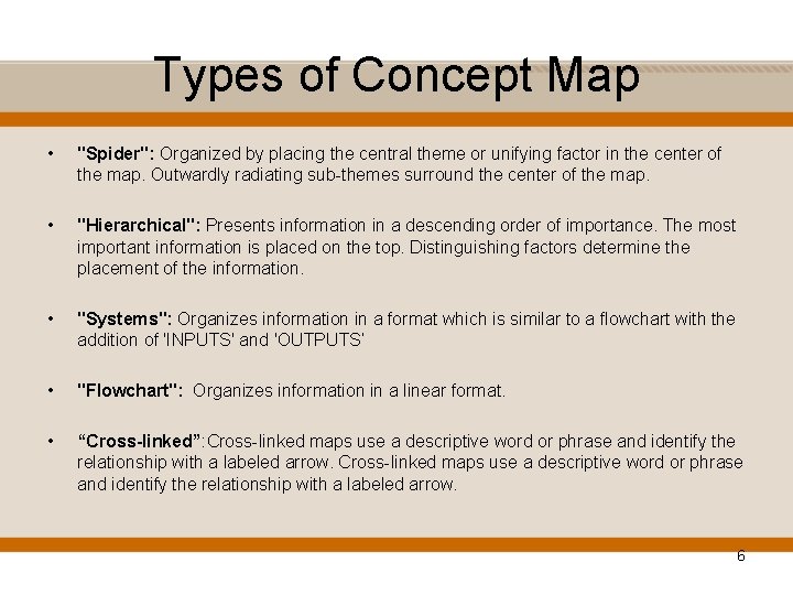Types of Concept Map • "Spider": Organized by placing the central theme or unifying