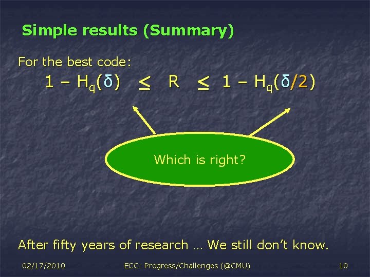 Simple results (Summary) For the best code: 1 – H q( δ ) ·