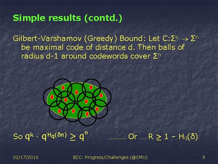 Simple results (contd. ) Gilbert-Varshamov (Greedy) Bound: Let C: Σk Σn be maximal code