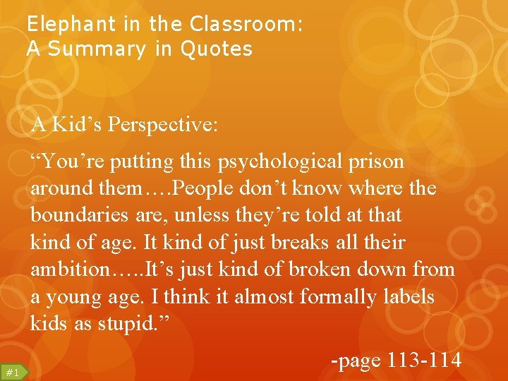 Elephant in the Classroom: A Summary in Quotes A Kid’s Perspective: “You’re putting this