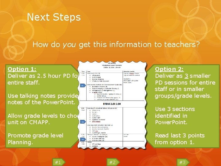 Next Steps How do you get this information to teachers? Option 1: Deliver as