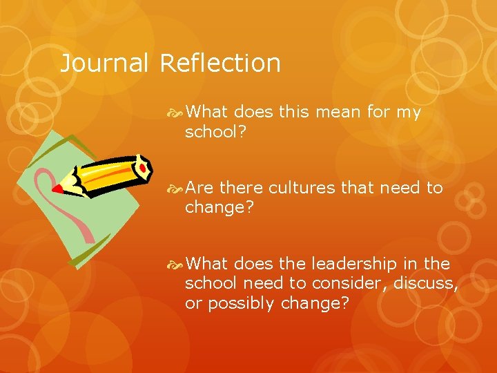 Journal Reflection What does this mean for my school? Are there cultures that need