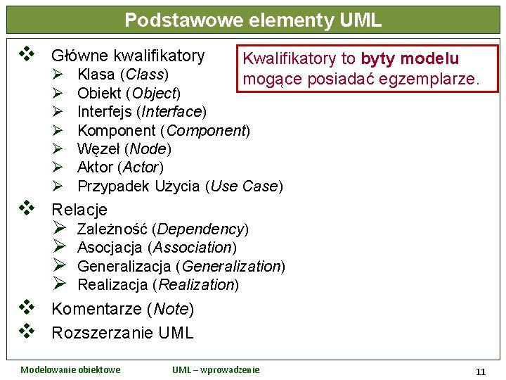 Podstawowe elementy UML v Główne kwalifikatory Ø Ø Ø Ø v v v Kwalifikatory