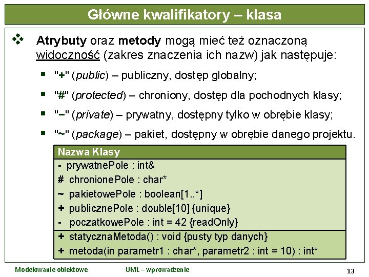 Główne kwalifikatory – klasa v Atrybuty oraz metody mogą mieć też oznaczoną widoczność (zakres