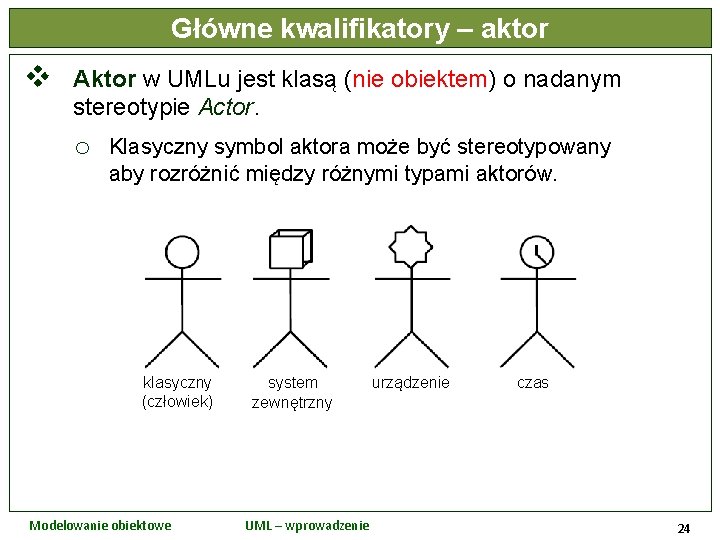 Główne kwalifikatory – aktor v Aktor w UMLu jest klasą (nie obiektem) o nadanym