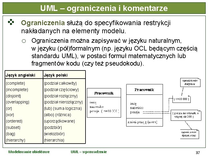 UML – ograniczenia i komentarze v Ograniczenia służą do specyfikowania restrykcji nakładanych na elementy