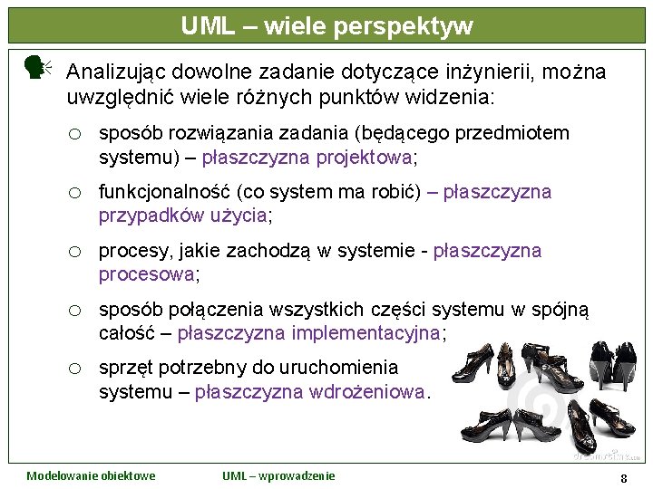 UML – wiele perspektyw Analizując dowolne zadanie dotyczące inżynierii, można uwzględnić wiele różnych punktów
