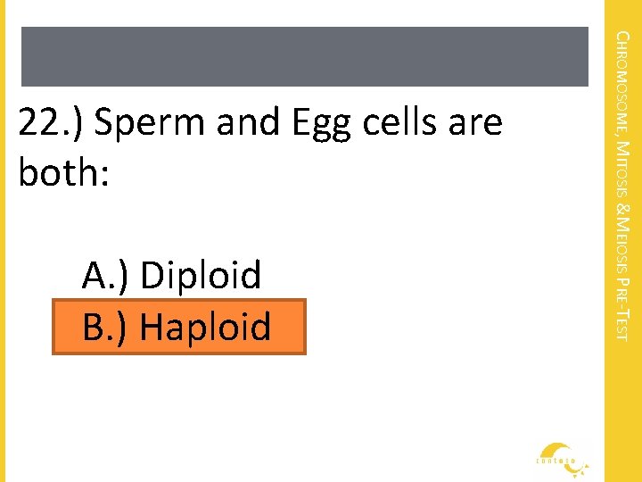 A. ) Diploid B. ) Haploid CHROMOSOME, MITOSIS &MEIOSIS PRE-TEST 22. ) Sperm and