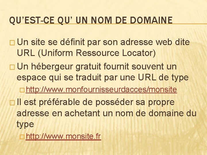 QU’EST-CE QU’ UN NOM DE DOMAINE � Un site se définit par son adresse