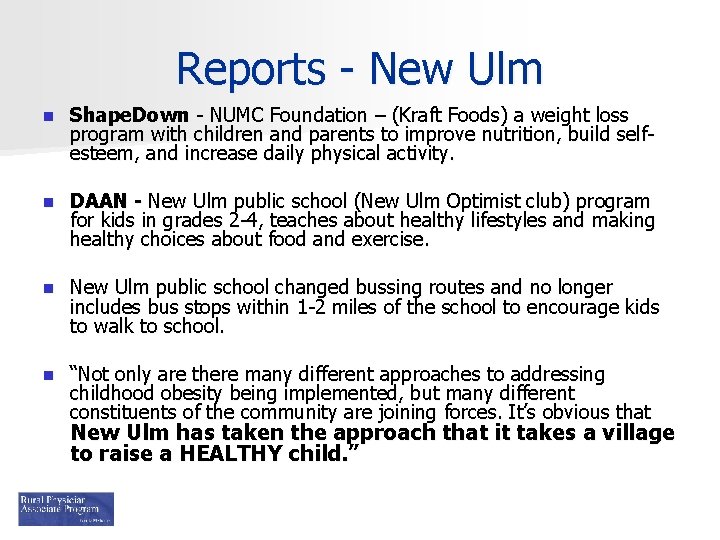 Reports - New Ulm n Shape. Down - NUMC Foundation – (Kraft Foods) a
