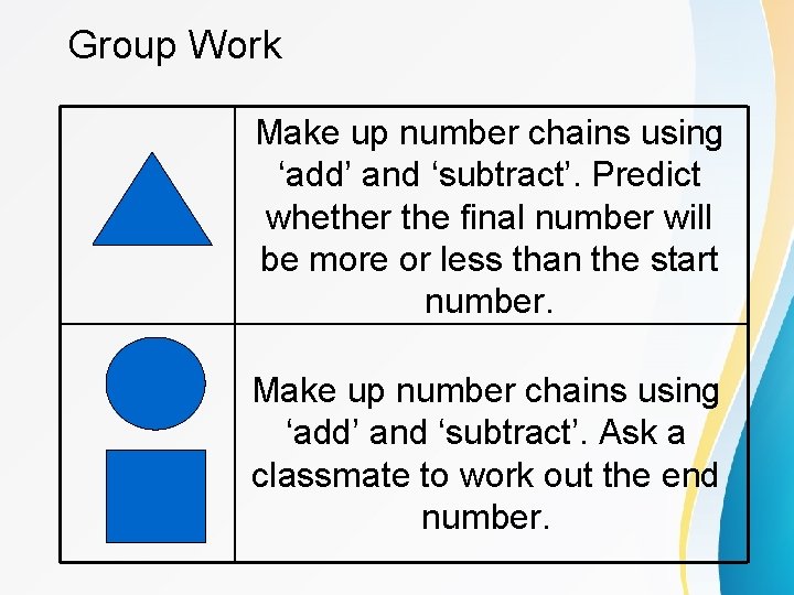 Group Work Make up number chains using ‘add’ and ‘subtract’. Predict whether the final