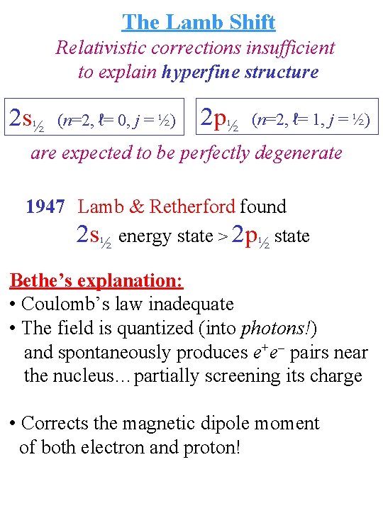 The Lamb Shift Relativistic corrections insufficient to explain hyperfine structure 2 s½ (n=2, ℓ= The Lamb Shift Relativistic corrections insufficient to explain hyperfine structure 2 s½ (n=2, ℓ=