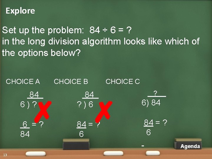 Explore Set up the problem: 84 ÷ 6 = ? in the long division Explore Set up the problem: 84 ÷ 6 = ? in the long division