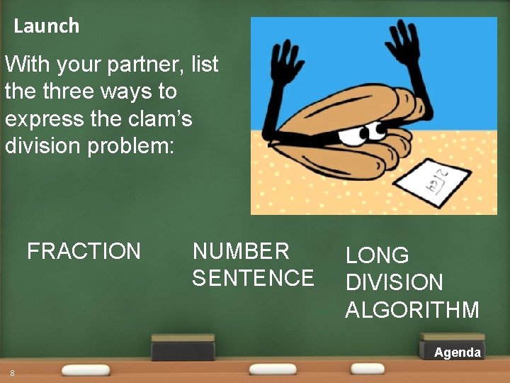 Launch With your partner, list the three ways to express the clam’s division problem: Launch With your partner, list the three ways to express the clam’s division problem: