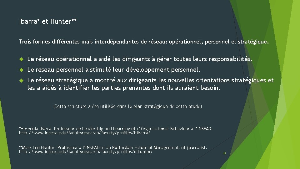 Ibarra* et Hunter** Trois formes différentes mais interdépendantes de réseau: opérationnel, personnel et stratégique.