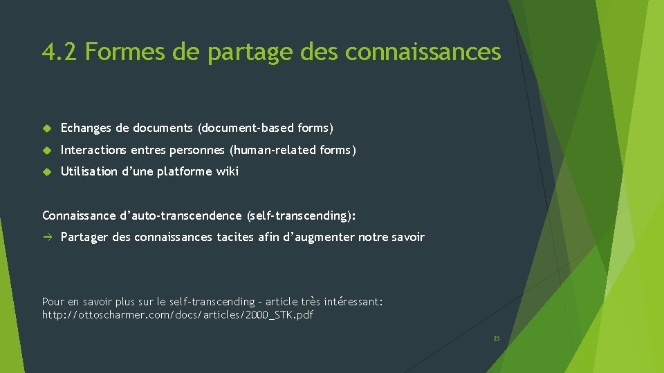 4. 2 Formes de partage des connaissances Echanges de documents (document-based forms) Interactions entres