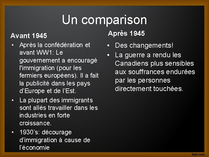 Un comparison Avant 1945 Après 1945 • Après la confédération et avant WW 1: