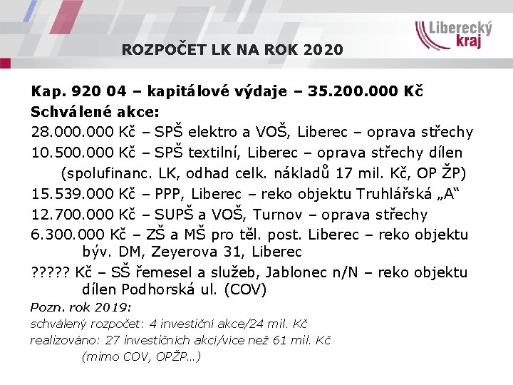 ROZPOČET LK NA ROK 2020 Kap. 920 04 – kapitálové výdaje – 35. 200.