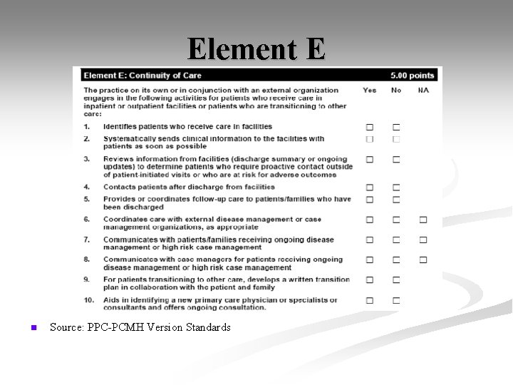 Element E n Source: PPC-PCMH Version Standards 