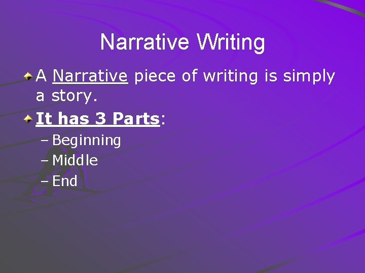 Narrative Writing A Narrative piece of writing is simply a story. It has 3