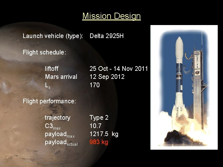 Mission Design Launch vehicle (type): Delta 2925 H Flight schedule: liftoff Mars arrival Ls