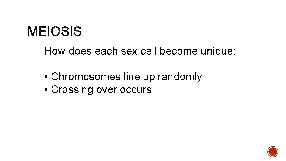 How does each sex cell become unique: • Chromosomes line up randomly • Crossing