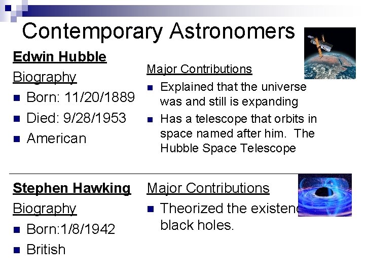 Contemporary Astronomers Edwin Hubble Major Contributions Biography n Explained that the universe n Born: