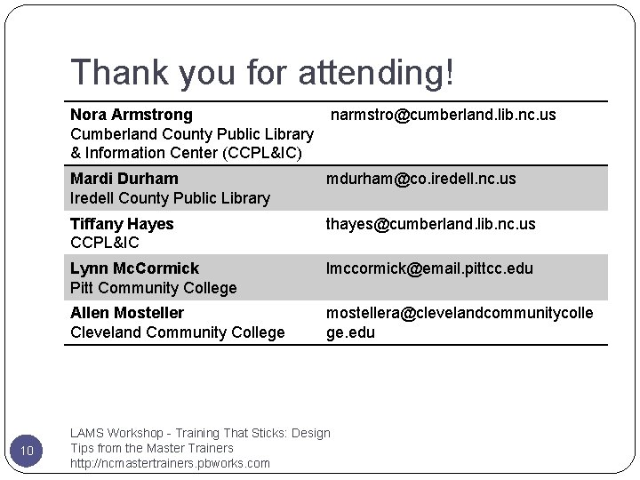 Thank you for attending! 10 Nora Armstrong Cumberland County Public Library & Information Center Thank you for attending! 10 Nora Armstrong Cumberland County Public Library & Information Center