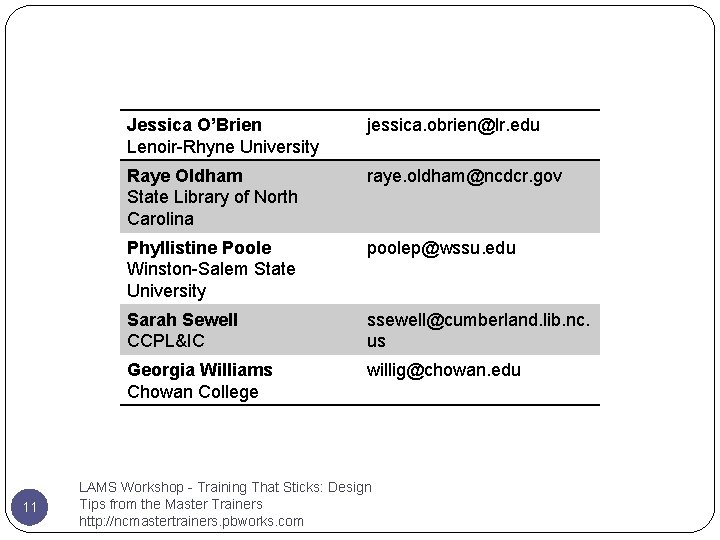 11 Jessica O’Brien Lenoir-Rhyne University jessica. obrien@lr. edu Raye Oldham State Library of North 11 Jessica O’Brien Lenoir-Rhyne University jessica. obrien@lr. edu Raye Oldham State Library of North