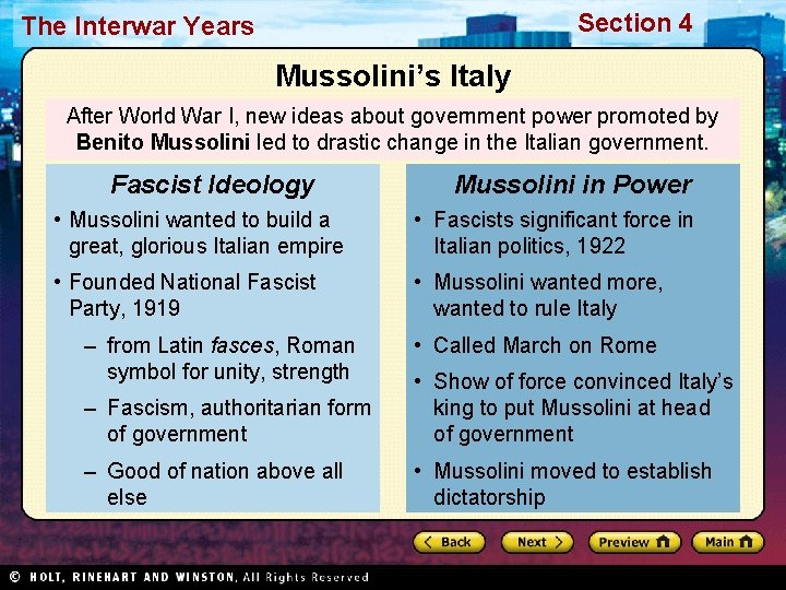 Section 4 The Interwar Years Mussolini’s Italy After World War I, new ideas about