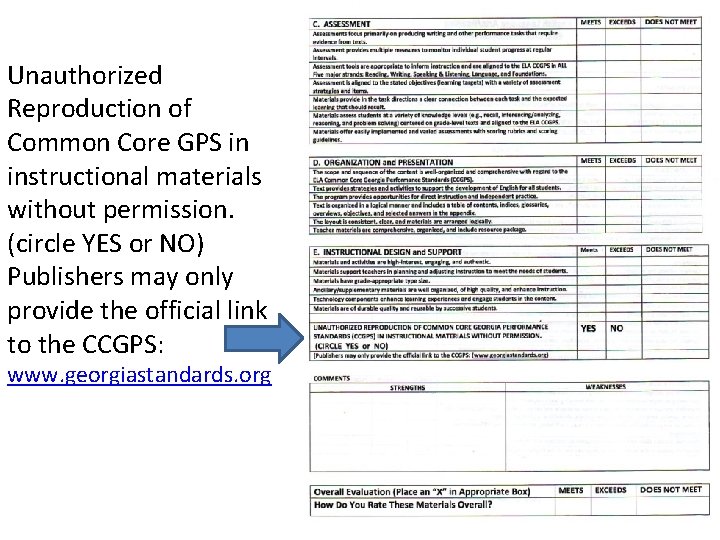 Unauthorized Reproduction of Common Core GPS in instructional materials without permission. (circle YES or