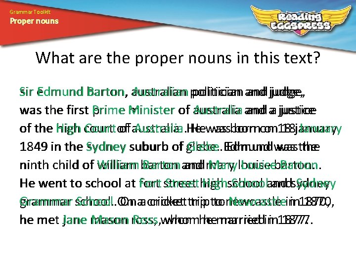 Grammar Toolkit Proper nouns What are the proper nouns in this text? Sir sir